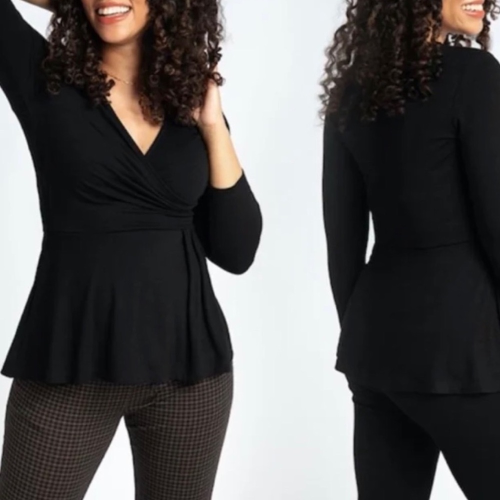 Betabrand Women's Faux Wrap Peplum Long Sleeve Side Pocket Top Black Size XXL